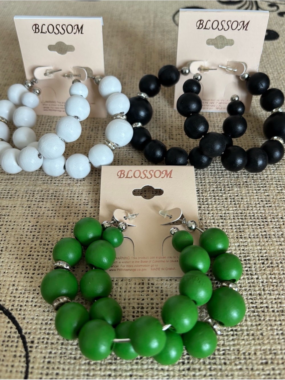 Blossom Beaded Wooden Hoop Earrings — Green, White & Black